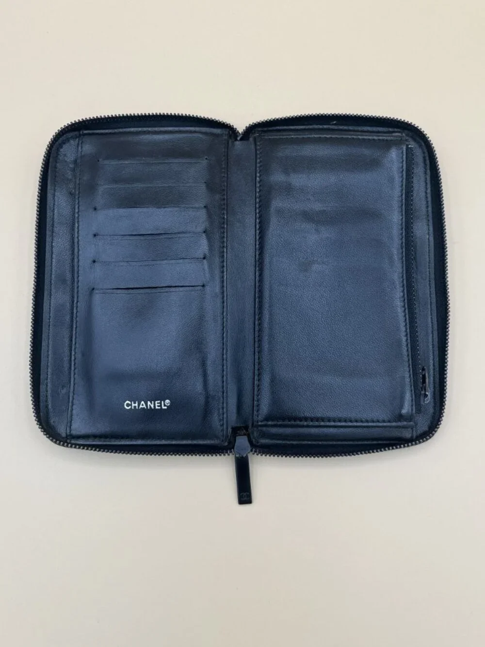 Chanel Black Checkered Canvas Zipper Wallet With CC Logo Design